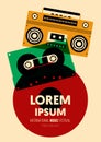 Music poster design template background with transparent cassette tape, boombox, vinyl record