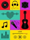 Music poster, greeting card, banner icon set. Black vinyl record disk. Heart Headphones, Guitar, microphone, speaker, sound wave Royalty Free Stock Photo