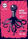 Music poster with octopus and microphone. Rap and rock party illustration.