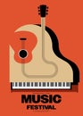 Music poster template design background with piano keyboard and classic guitar vintage retro style Royalty Free Stock Photo