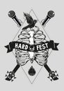 Music poster template. Rock and roll festival flyer design. Guitar, microphone and rib cage. Vintage vector illustration Royalty Free Stock Photo