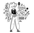 Music producer composing new track vector outline illustration, sound engineer doing his job in recording studio, composer Royalty Free Stock Photo