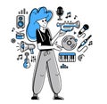 Music producer composing new track vector outline illustration, sound engineer doing his job in recording studio, composer