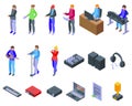 Music producer icons set isometric vector. Podcast laptop