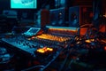 Music producers studio features a low-angle view with vibrant lights and equipment Royalty Free Stock Photo