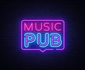 Music Pub neon sign vector. Live Music design template neon sign, light banner, neon signboard, nightly bright Royalty Free Stock Photo