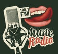 Music radio banner with microphone and girls lips