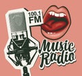 Music radio banner with microphone and girls lips