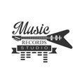 Music Record Studio Black And White Logo Template With Sound Recording Retro With Electro Guitar Silhouette