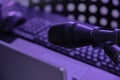 Music recording set with a microphone, keyboard, mouse and laptop Royalty Free Stock Photo