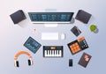 Music recording studio sound engineering concept top angle view desktop monitor piano audio mixer headphones pro