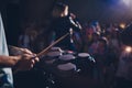 Music reheard group male playing a piano and electronic drum in music room. Royalty Free Stock Photo