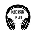 Music related t-shirt design. Music heals the soul quote text phrase quotation. Headphones monochrome graphic. Vector