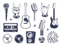 Music rock emblem. Guitar microphones wings headphones fire exact vector pictures collection set