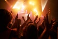 Music rock festival, concert or performance event with audience, crowd or people hands dancing with fans, youth and Royalty Free Stock Photo