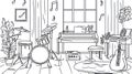 Music Room Scene Grand Piano, Drum Kit, Guitar, and Keyboard Line Art Royalty Free Stock Photo