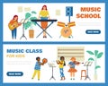 Music school banners set with kids playing music, flat vector illustration.