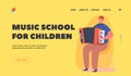 Music School for Children Landing Page Template. Little Boy Character Playing Accordion Modern Key Instrument on Scene Royalty Free Stock Photo