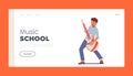 Music School Landing Page Template. Boy Musician Soloist Practicing Playing Electric Guitar during Musician Lesson