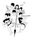 Music school orchestra concert students musical instruments doodles line poster