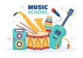 Music School Template In Hand Drawn Cartoon Flat Illustration Playing Various Musical Instruments, Learning Education Musicians Royalty Free Stock Photo