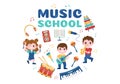 Music School Template In Hand Drawn Cartoon Flat Illustration Playing Various Musical Instruments, Learning Education Musicians Royalty Free Stock Photo