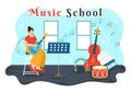 Music School Vector Illustration with Playing Various Musical Instruments, Learning Education Musicians and Singers Royalty Free Stock Photo