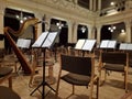 Music score with notes in hall of the conservatory at classical music concert Royalty Free Stock Photo