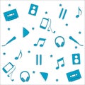 Music seamless pattern. Headphones, notes, music player, microphone, play, pause buttons, cassette blue icons. Royalty Free Stock Photo