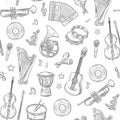 Music seamless pattern. Musical instruments doodles. Rock roll vintage outline hand drawn sketch vector texture Royalty Free Stock Photo