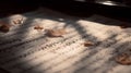 Music sheet with notes and autumn leaves, selective focus, toned Royalty Free Stock Photo