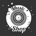 Music shop black and white emblem with old vinyl record