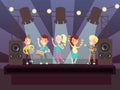 Music show with kids band playing rock on stage cartoon vector illustration Royalty Free Stock Photo