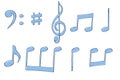 Music signs. Blue notes and symbols on white background