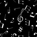 Music signs. Seamless pattern. White notes and symbols on black background Royalty Free Stock Photo