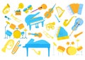 Music sound by drums, guitar, trumpet vector illustration. Musical instrument set, cartoon violin, saxophone, piano Royalty Free Stock Photo