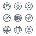 music and sound line icons. linear set. quality vector line set such as speaker, music app, sound mixer, earphone, loudspeaker,