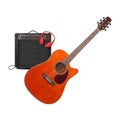 Music and sound - Orange acoustic guitar, amplifier, headphone a Royalty Free Stock Photo