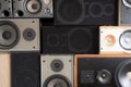 Music sound speakers hanging on the wall in retro vintage style, stacked sound boxes modern Royalty Free Stock Photo