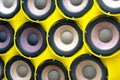 Music speakers on an isolated yellow background Royalty Free Stock Photo