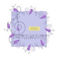 MUSIC. Square frame. Purple bells. Vector flowers border. Campanula bells on stem, musical notes.