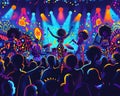 Music stage with vibrant neonlit afro crowd glowing in rhythm Royalty Free Stock Photo