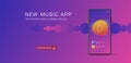 Music streaming mobile app design. Generic and fictional user interface on a smartphone display, promo banner for the