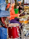 Music street performers with girl violinist Royalty Free Stock Photo