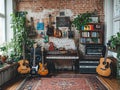 A music studio with guitars, a piano, amps, and plants in front of a brick wall Royalty Free Stock Photo