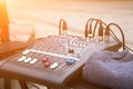 Music studio, music mixer board. Music mixer control panel. Closeup Royalty Free Stock Photo