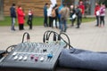 Music studio, music mixer board. Music mixer control panel. Closeup Royalty Free Stock Photo