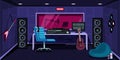 music studio. record sound room with speakers amplifier and guitar for songs live recording. Vector cartoon background