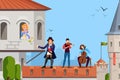 Music style, man with musicians sing serenade for girl, vector illustration. Classical old composition, play music for
