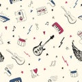 Music symbols. Seamless pattern. rock music background textures, musical hand drawn doodle style.